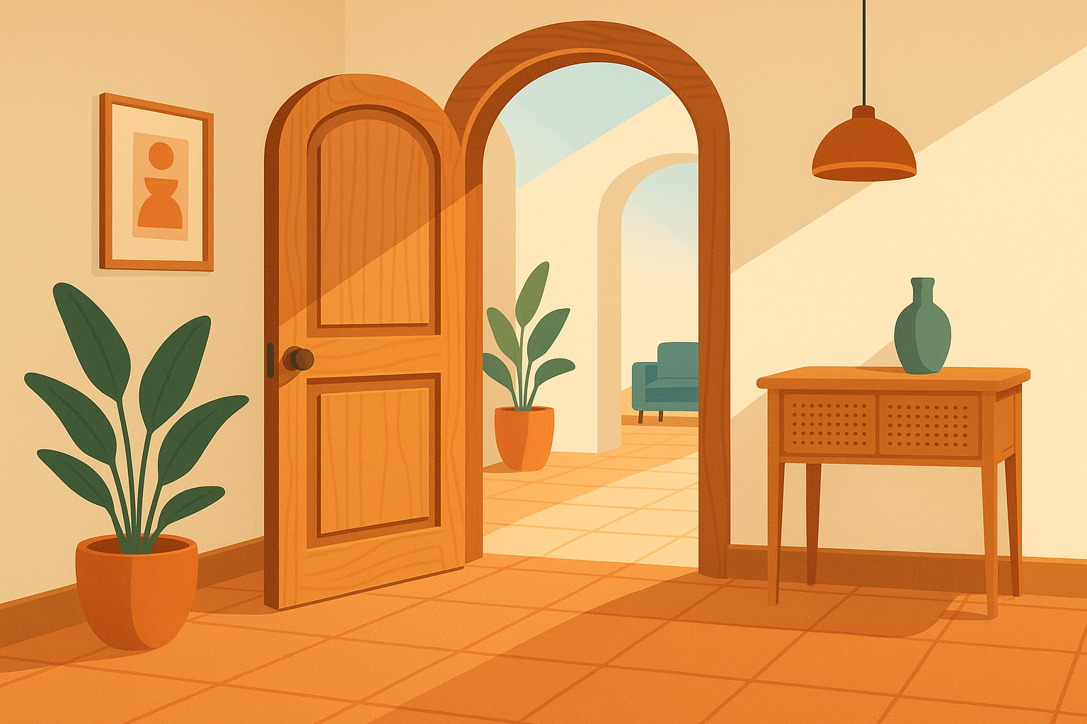 Puerta de madera artesanal abierta en interior mediterráneo luminoso.