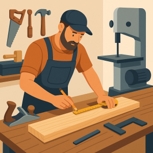 Carpintero trabajando madera con precisión en taller artesanal de Valencia.