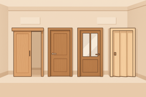 Diferentes estilos de puertas a medida expuestos en ambiente de diseño moderno.