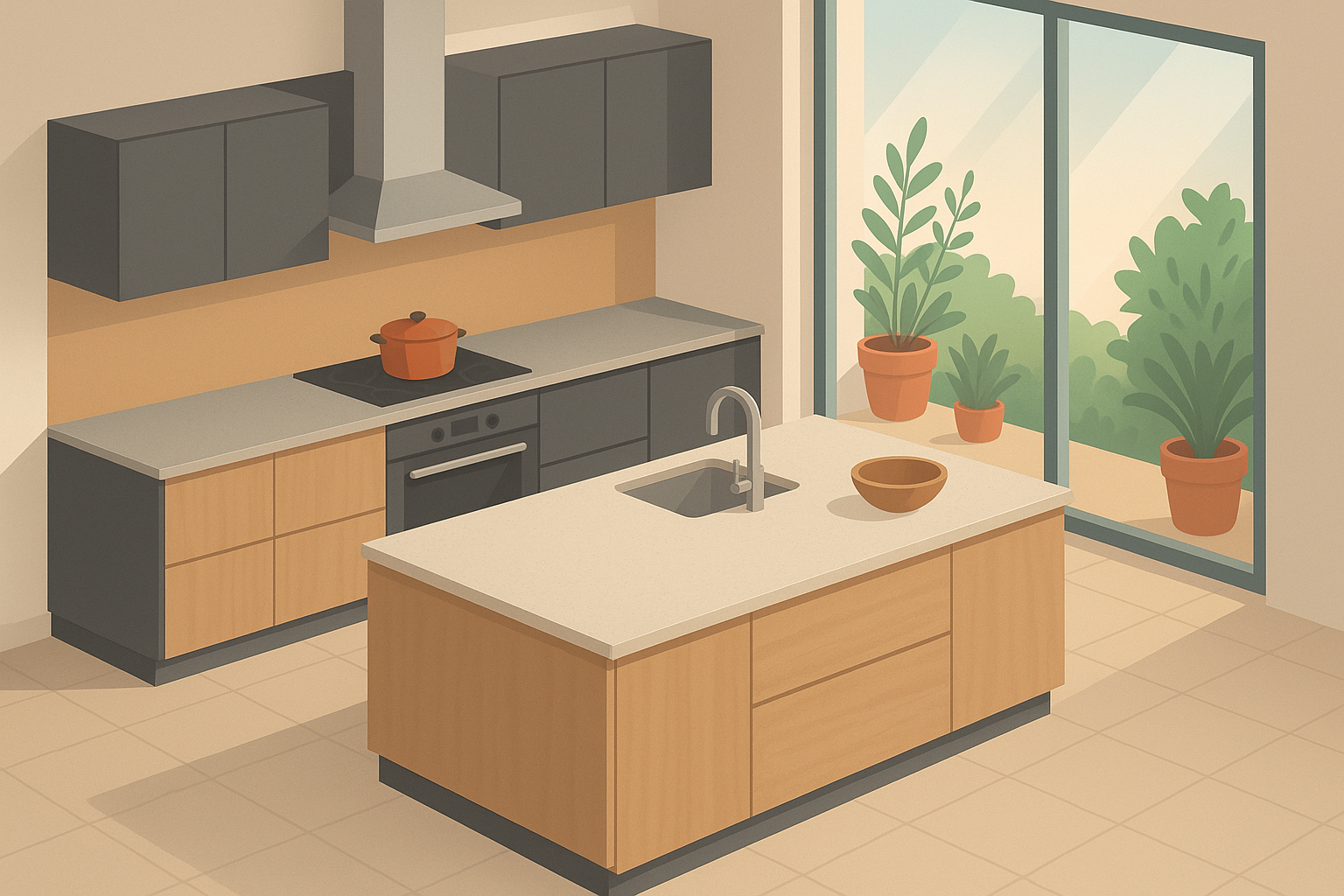 Cocina moderna valenciana con isla central y diseño artesanal.