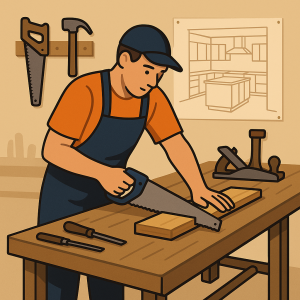 Carpintero diseñando muebles de cocina en taller artesanal de Valencia.