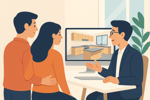 Cliente viendo diseño 3D de su cocina a medida con asesoramiento profesional.