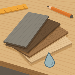 Muestras de distintos tipos de suelo laminado sobre una mesa de carpintería.