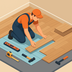 Técnico instalando suelo laminado con sistema clic sobre base aislante.