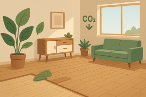 Salón con suelo laminado sostenible y decoración natural que refleja compromiso ambiental.